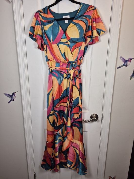 Nicole Miller Dresses & Skirts - Nicole Miller Flutter Sleeve Ruffle Wrap Midi Dress Abstract Art Print S